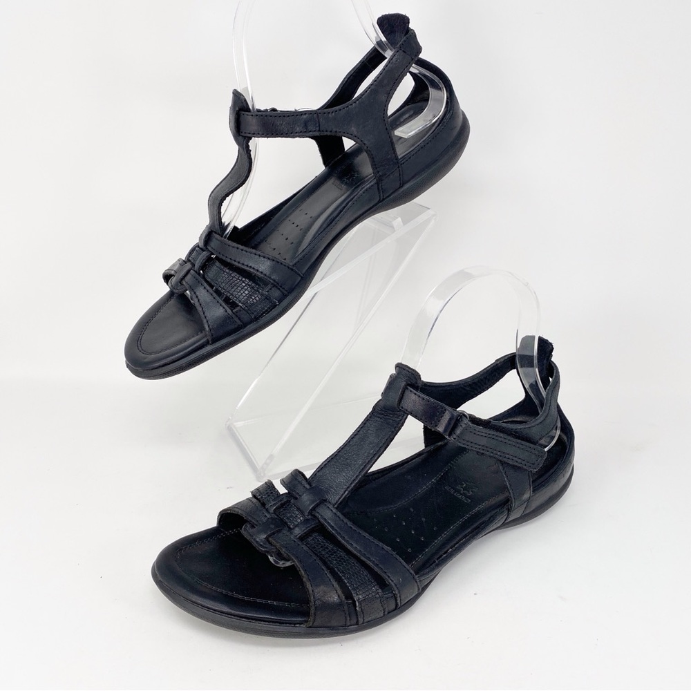 ECCO Womens 40 Size 9 US Black Leather Flash T-Strap Low Wedge Slingback Sandals